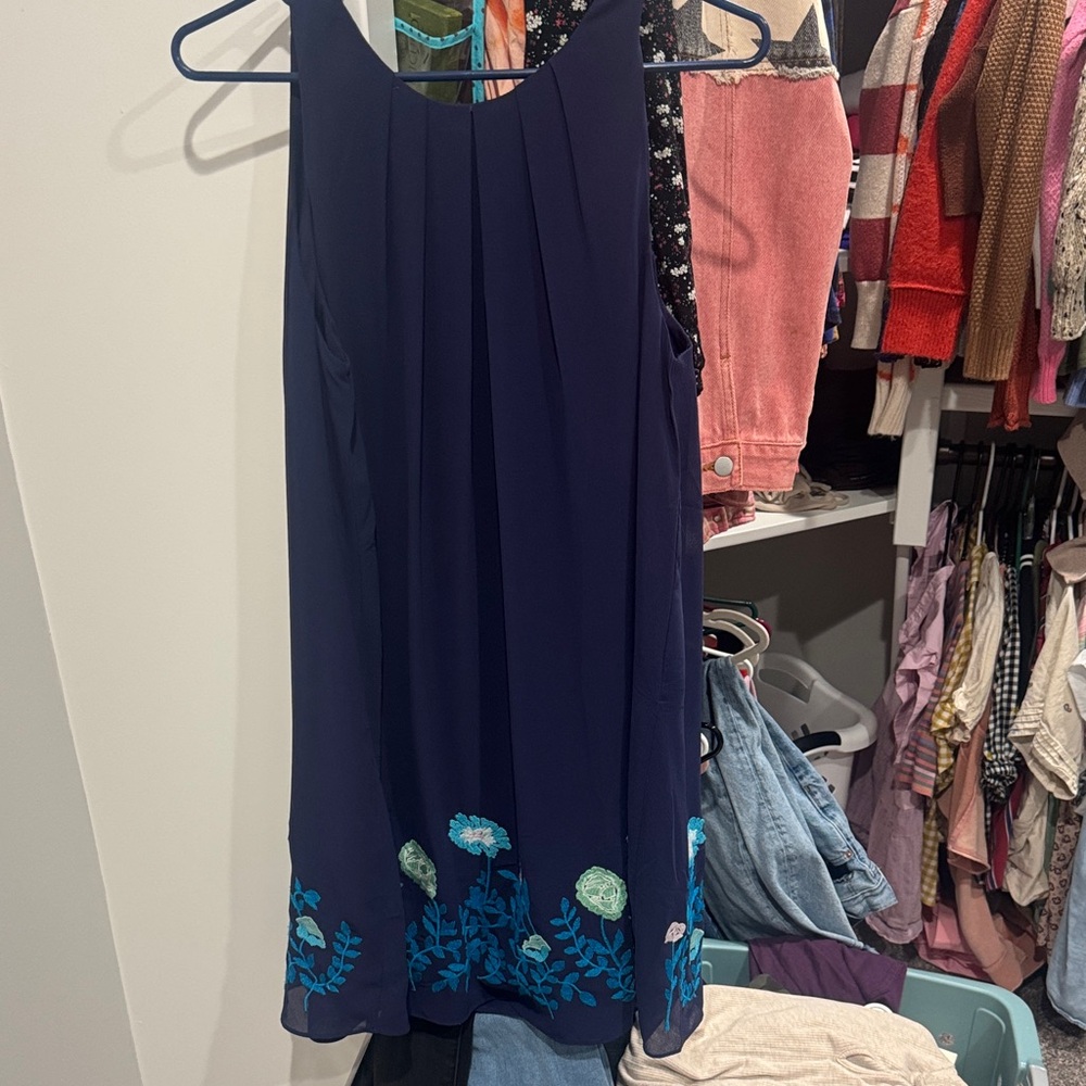 LOFT Navy Dress with Floral Embroidery